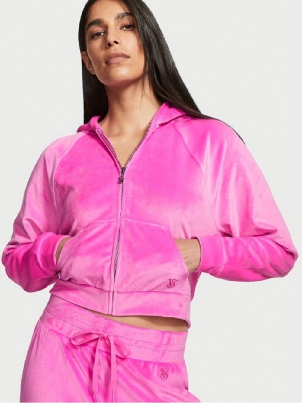 Victoria's Secret Bright Pink Velour Zip Hoodie Size L